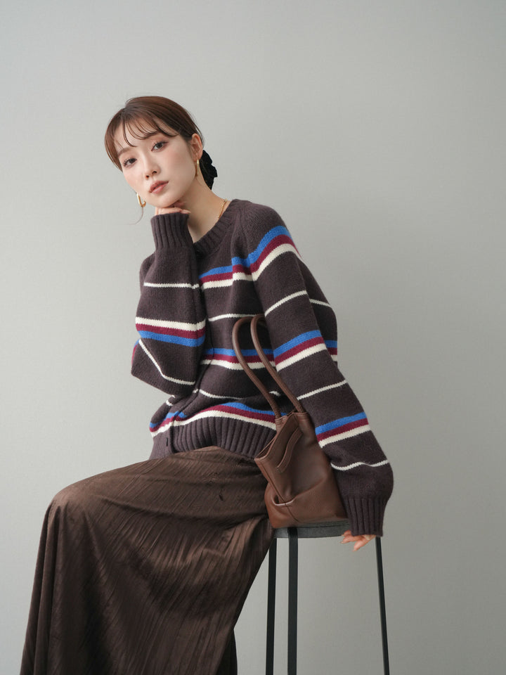 [予約]ランダムボーダーニットカーディガン/brown