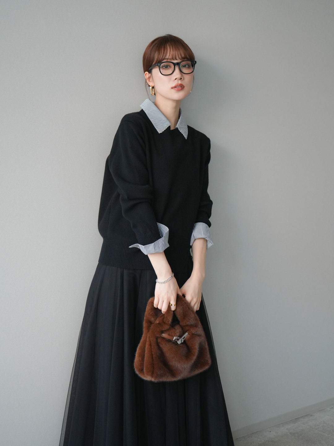 [SET]シャツドッキングデザイン裾ボタンニットプルオーバー+選べるアクセセット(2set)