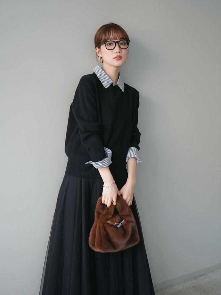 [SET]シャツドッキングデザイン裾ボタンニットプルオーバー+選べるアクセセット(2set)