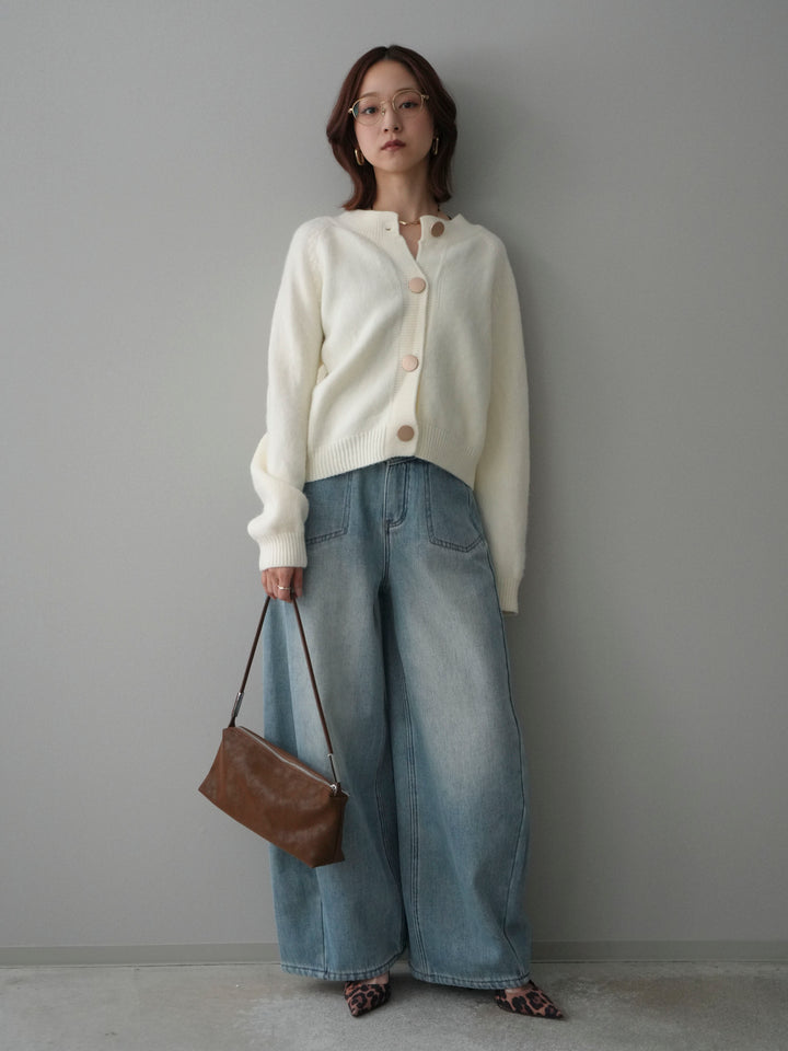 [SET]BIGボタンニットカーディガン+ベルト付裏起毛カーブデニムパンツ(2set)