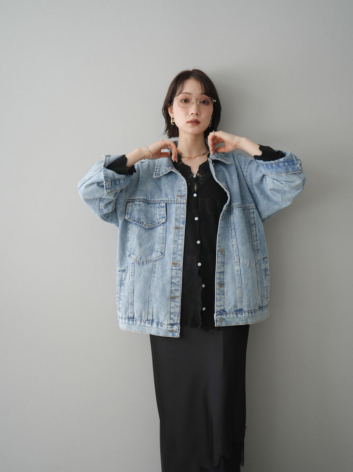 [SET]デザインBIGポケットオーバーデニムジャケット+レースネックジャガードニットカーディガン(2set)