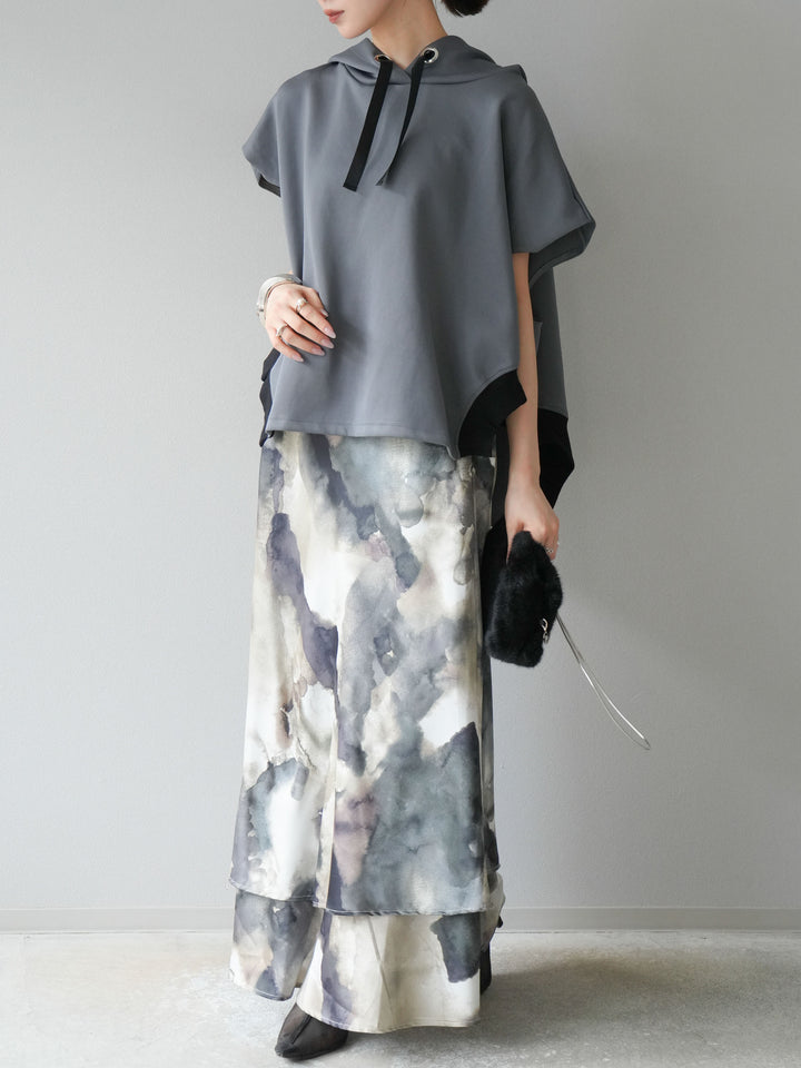 [SET]アシンメトリードルマンバックZIPフーディー+ニュアンスサテンフリルスカート(2set)