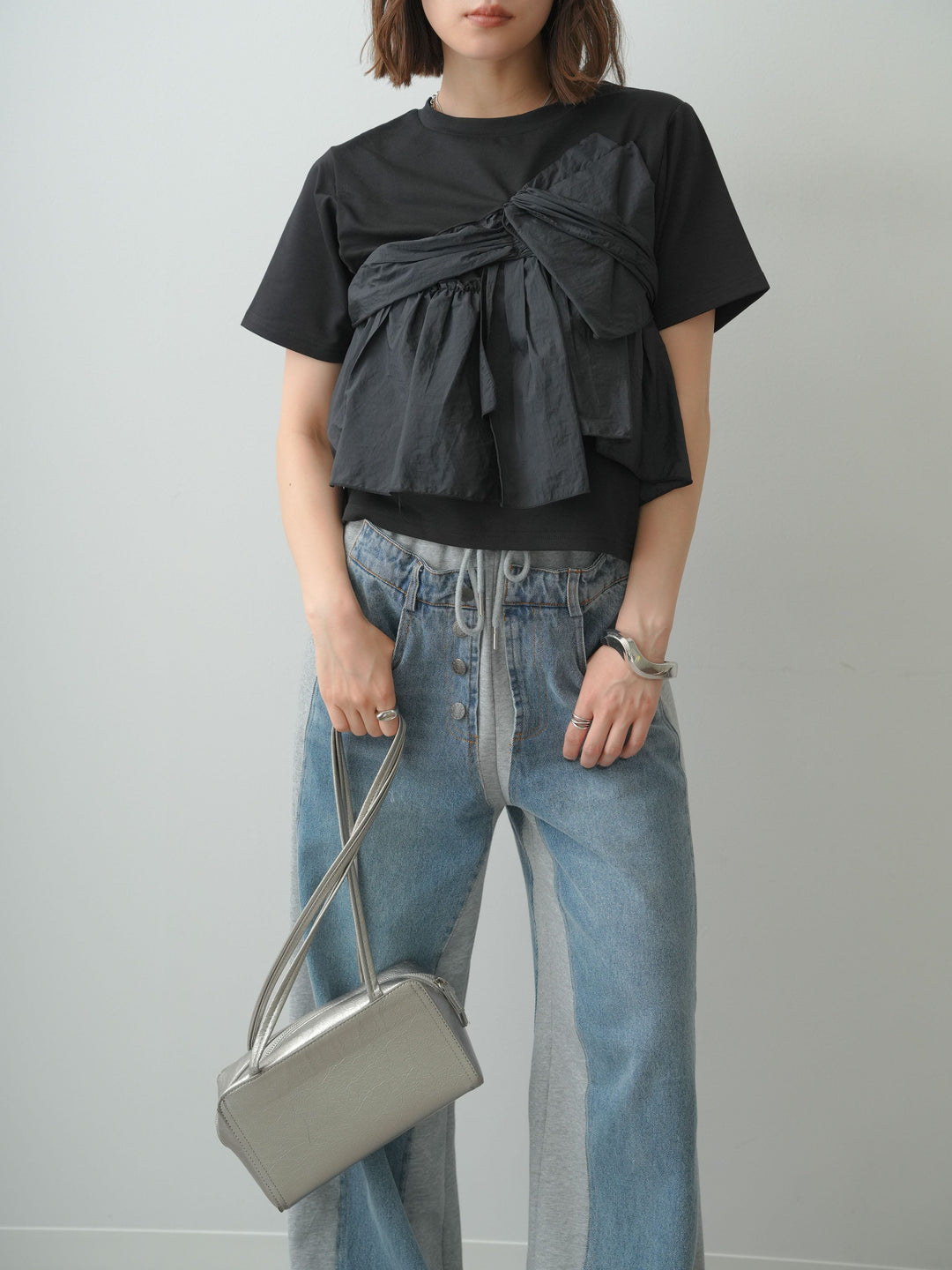 [SET]ナイロンドッキングツイストTEE +デニム切替スウェットパンツ(2set)