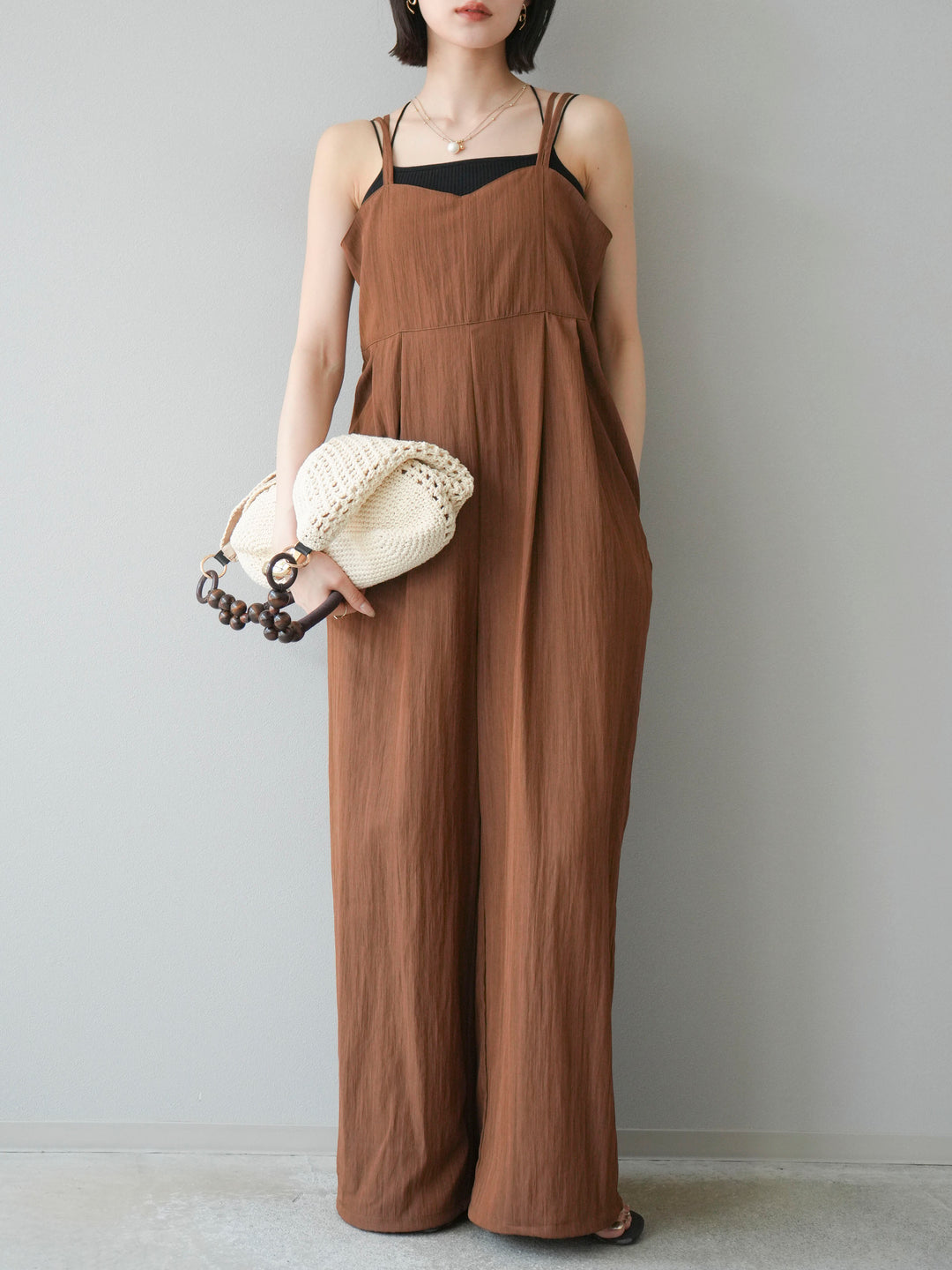 [SET]リネンライクビスチェデザインサロペット+ダブルストラップカットリブブラキャミソール(2set)