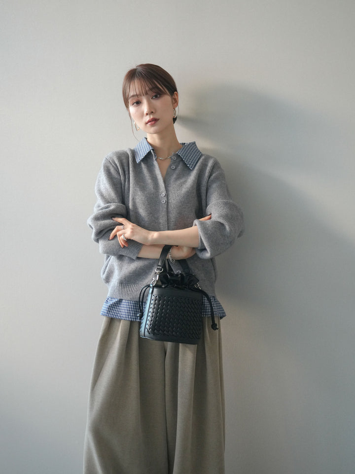 [SET]チェックシャツ襟ニットカーディガン+チェックシャツ襟ニットカーディガン(2set)