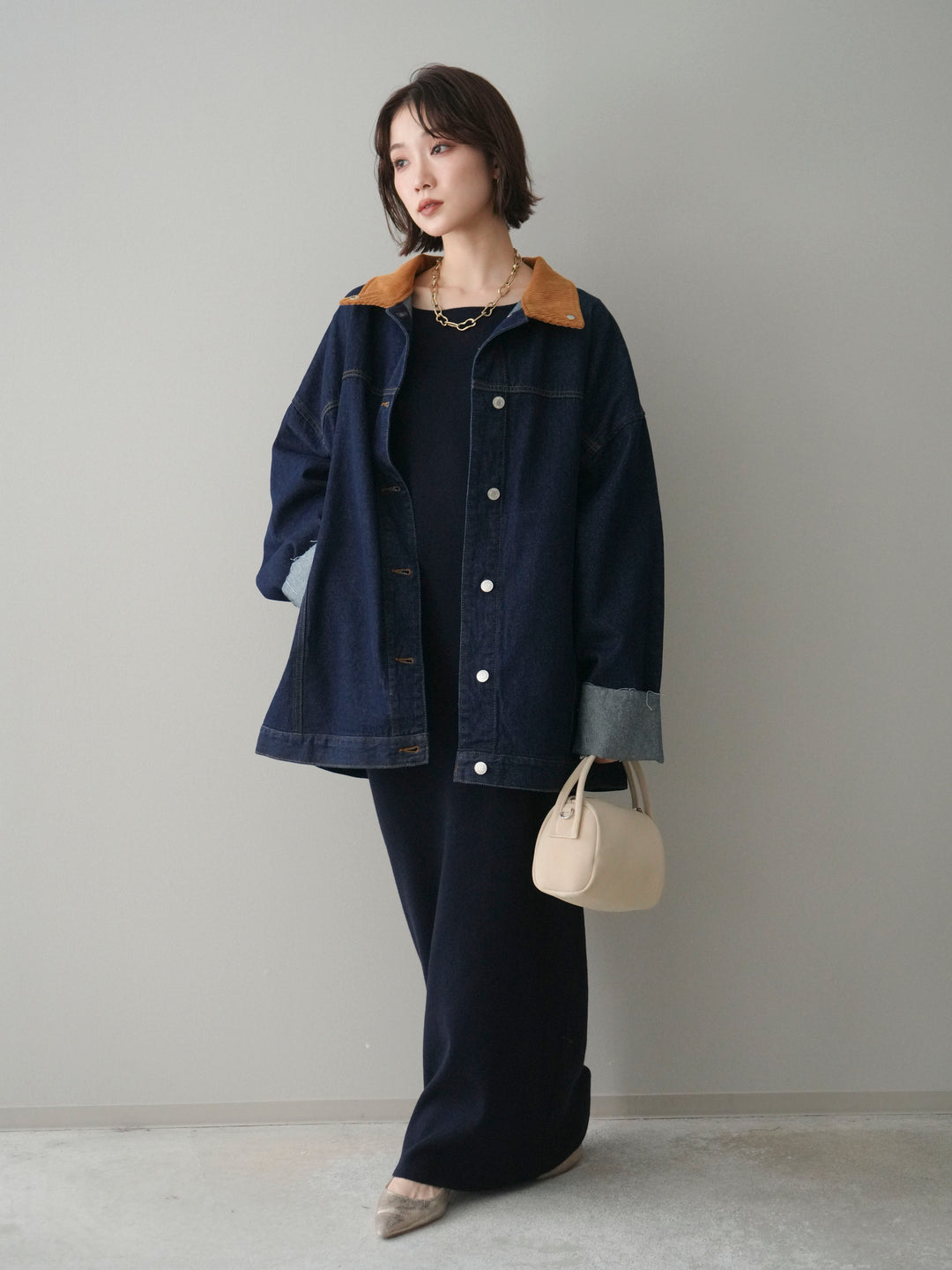 [SET]2WAYニットワンピース+コーデュロイ×デニムミドルジャケット(2set)