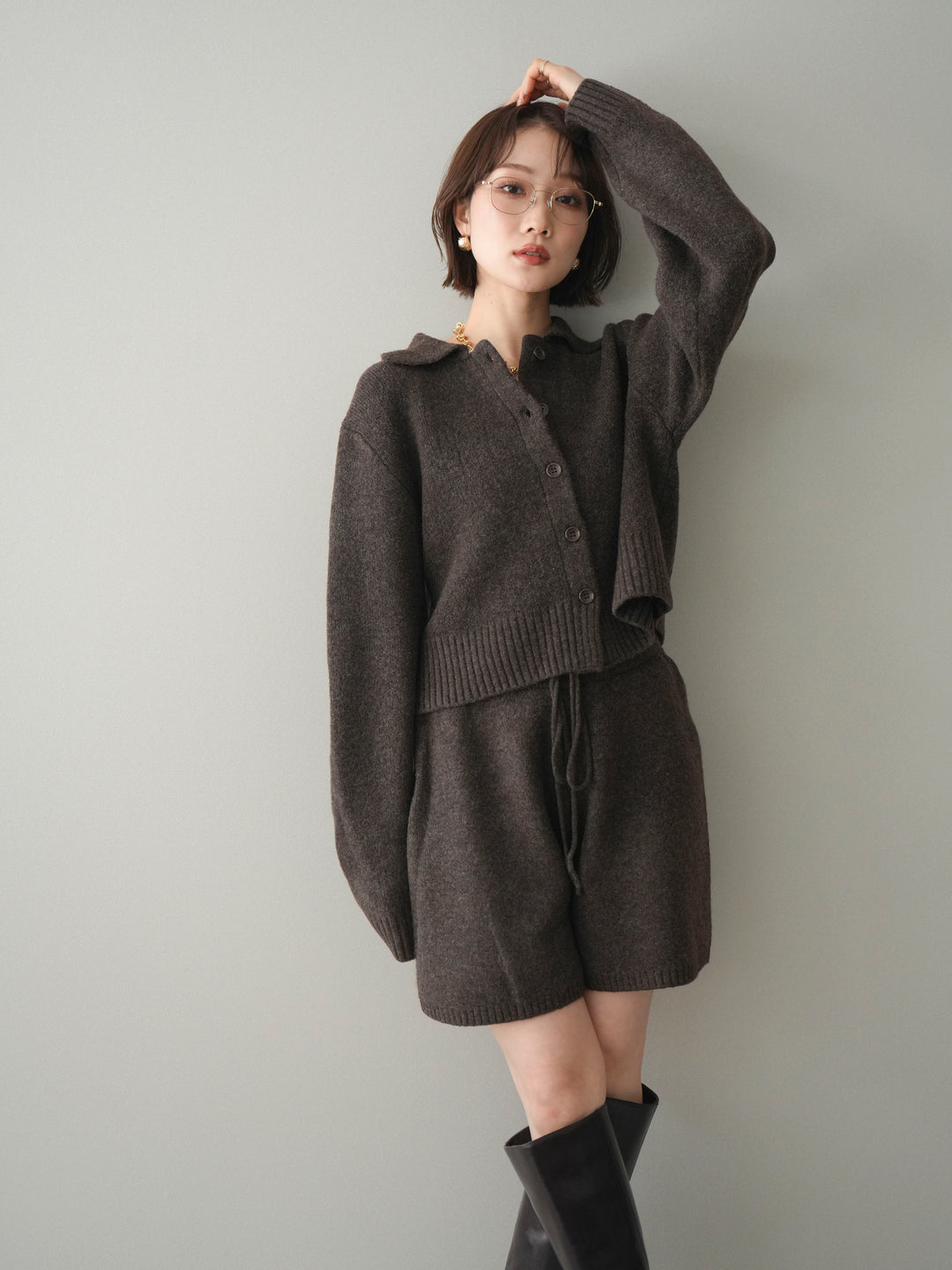 [予約]メランジニット襟付きクロップドカーディガン/brown