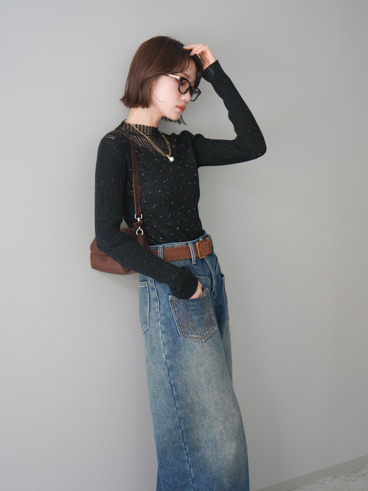 [SET]シアー切替スパンコールリブニットトップス+ベルト付ポケット刺繍カーブデニムパンツ(2set)