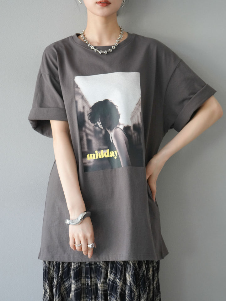 [SET]ネオンロゴフォトプリントBIG Tシャツ+シアーチェックアシンメトリーワッシャースカート(2set)