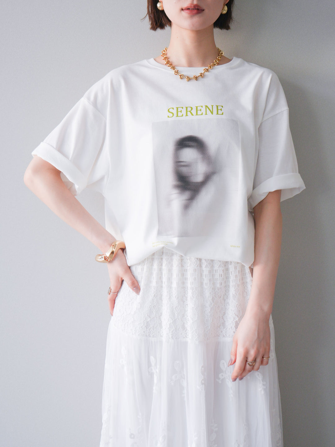 [SET]ブラーアートフォトTシャツ+シアーレースマキシスカート(2set)