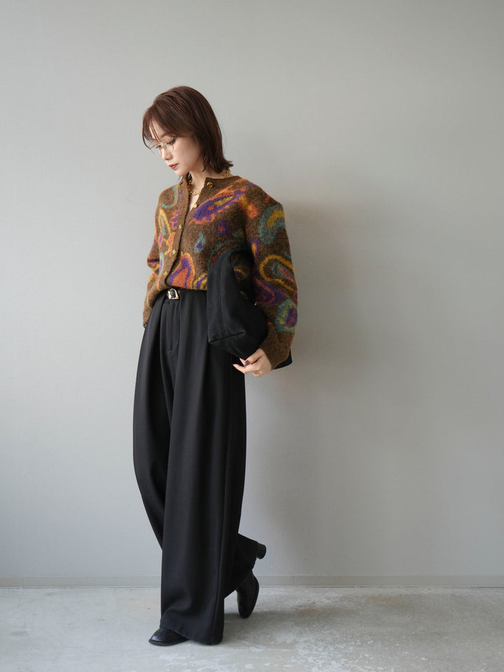 【着回しセット】[SET]求心柄クロップドニットカーディガン+ミックスヤーンペイズリー柄ニットカーディガン+ベルトループデザインワイドパンツ(3set)