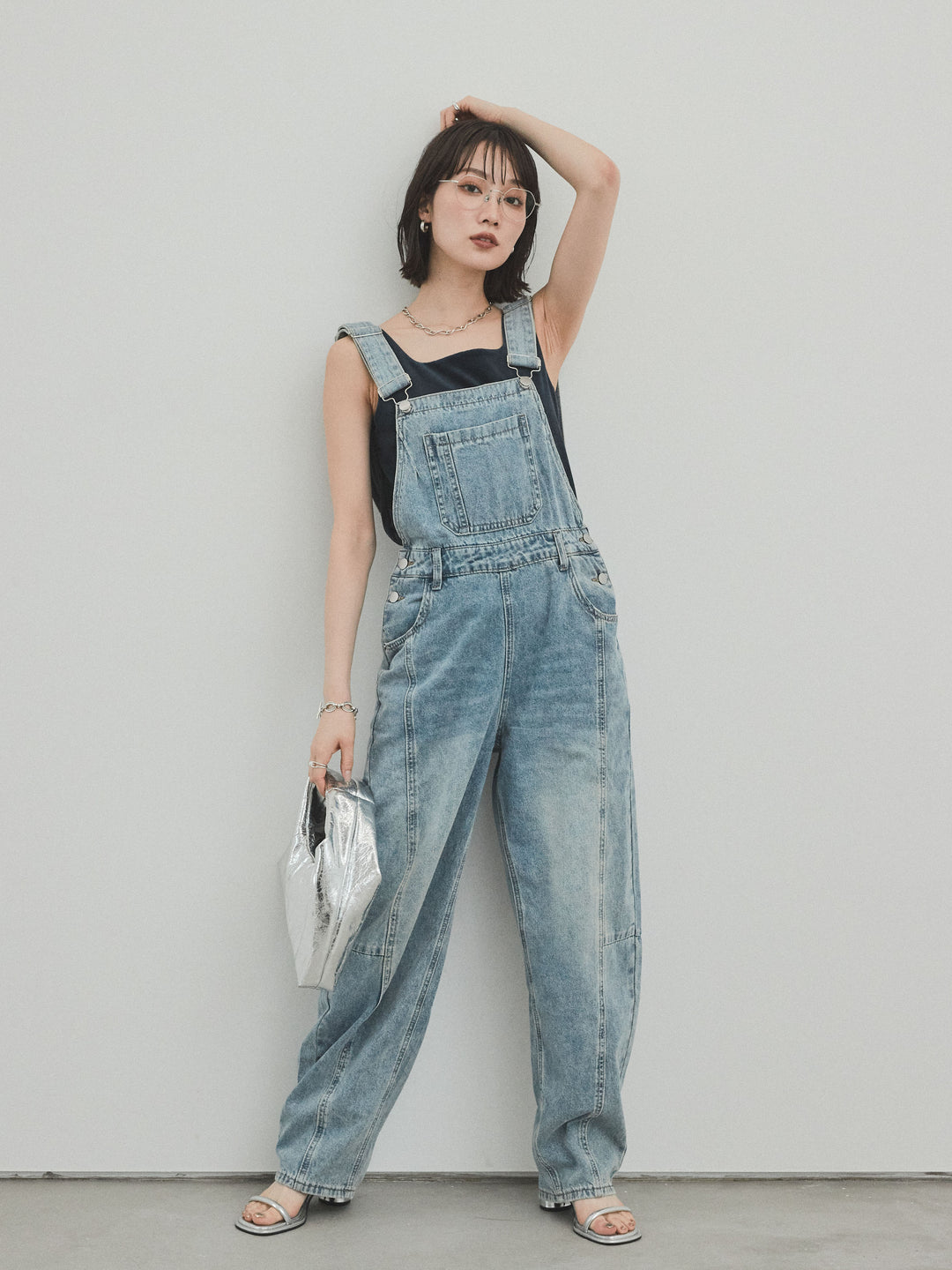 [SET]センターシームデニムサロペット +スクエアベロアタンクトップ(2set)