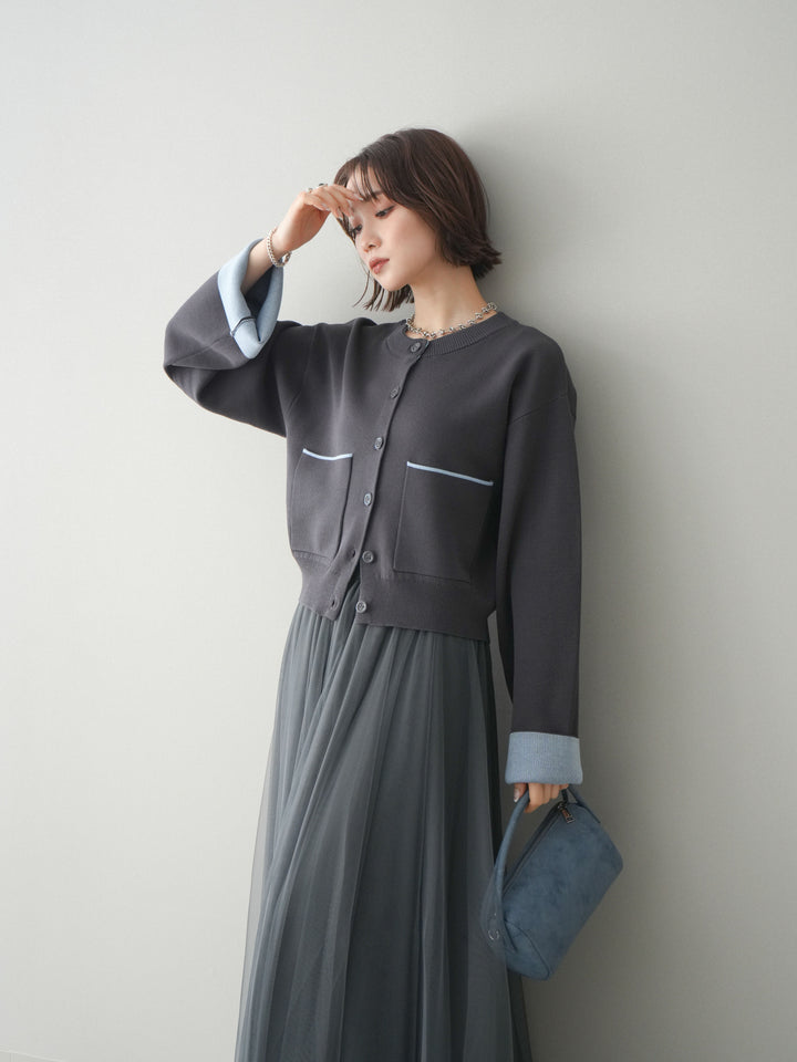 [予約]レーヨンポリダブルフェイスニットカーディガン/charcoal