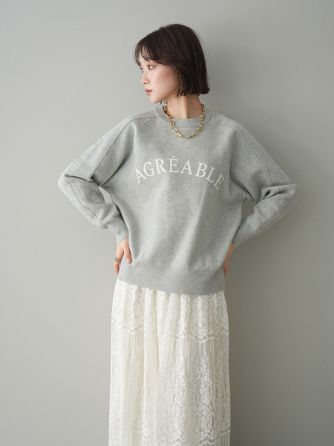 [予約]半ラバープリントロゴスウェットライクニットプルオーバー/mokugray