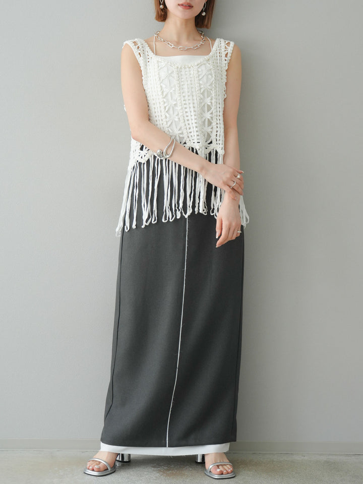 [予約]クロシェフリンジノースリーブトップス/アイボリー