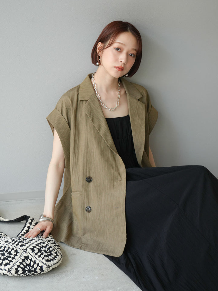 [SET]レーヨンシャーリングキャミワンピース+リネンライクノースリーブダブルジレ(2set)