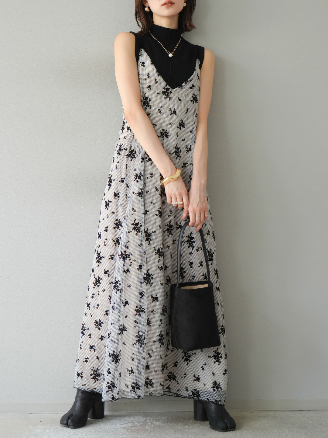 [SET]フロッキーチュールレイヤードベロアキャミワンピース+プチネックセンターシームノースリーニットトップス(2set)