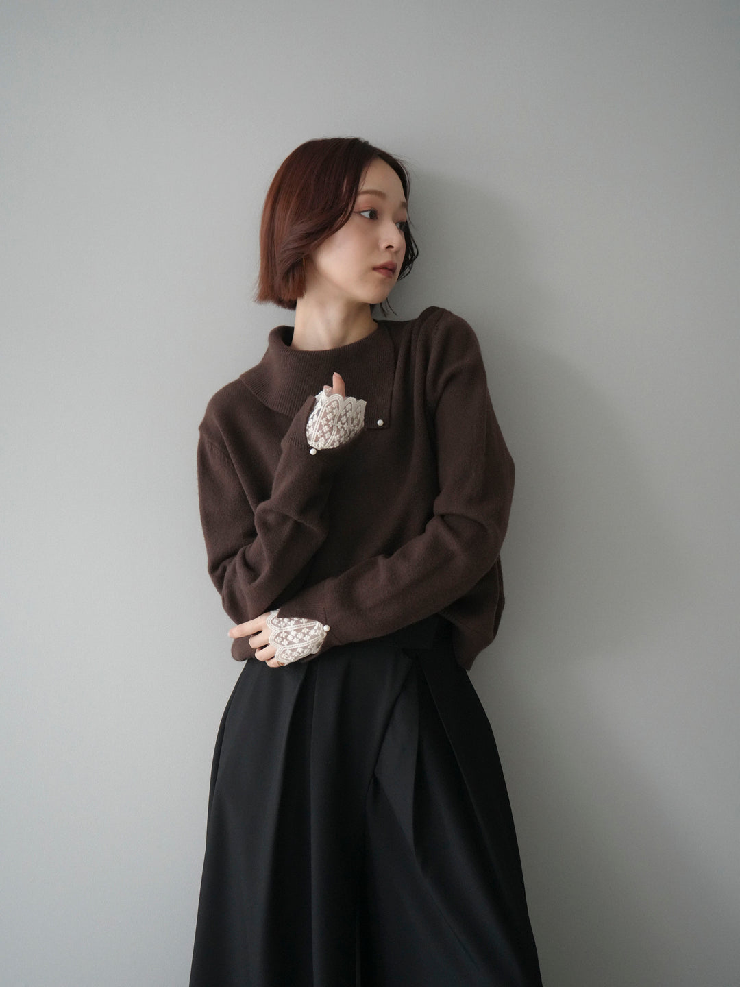 [SET]袖レースパール付き配色ニットトップス+テープベルトタックバギーパンツ(2set)