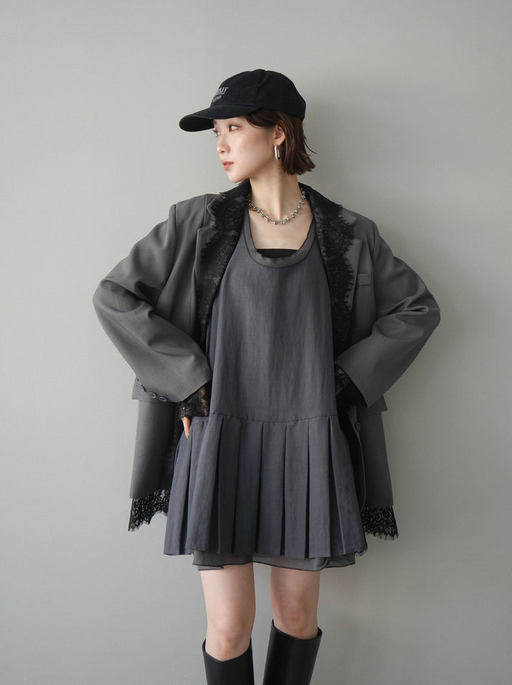 [予約]チュールドッキング裾プリーツミニワンピース/charcoal