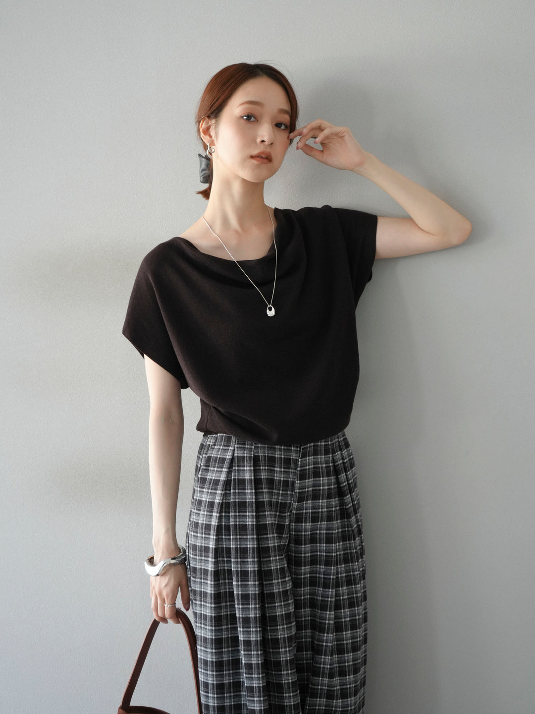 [予約]ドレープドルマンフレンチスリーブニットトップス/ブラウン