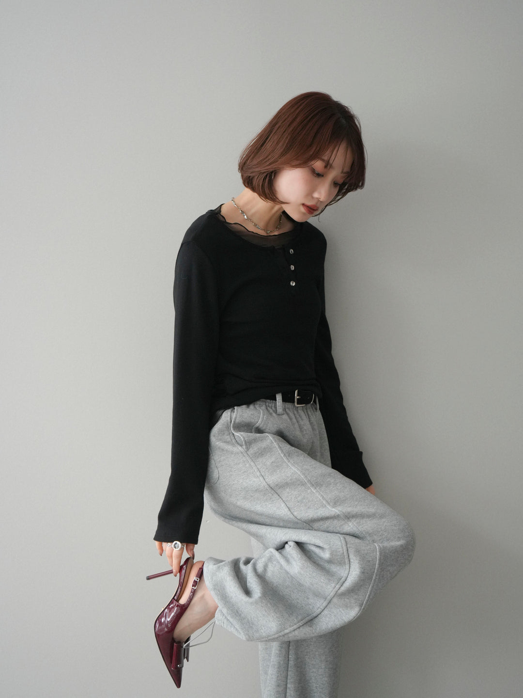 [予約]チュールレイヤードヘンリーネックカットソー/black