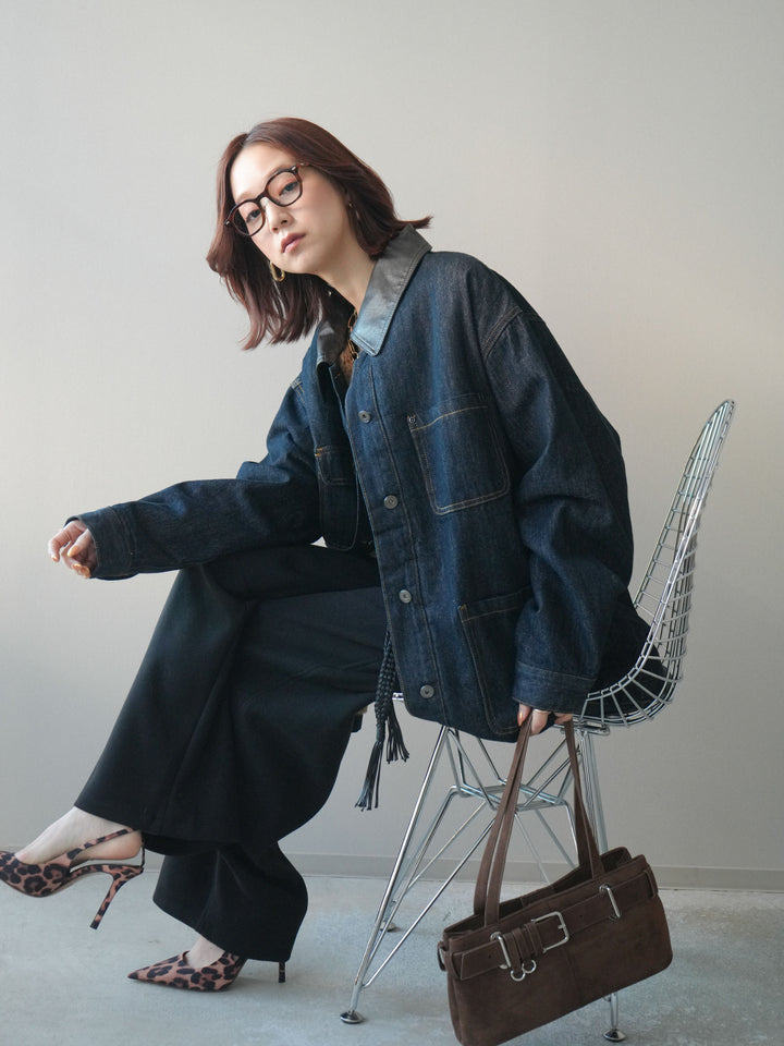 [SET]裏地ファーデニムフライトジャケット+編み込みベルト付きウエスト配色スエットパンツ(2set)