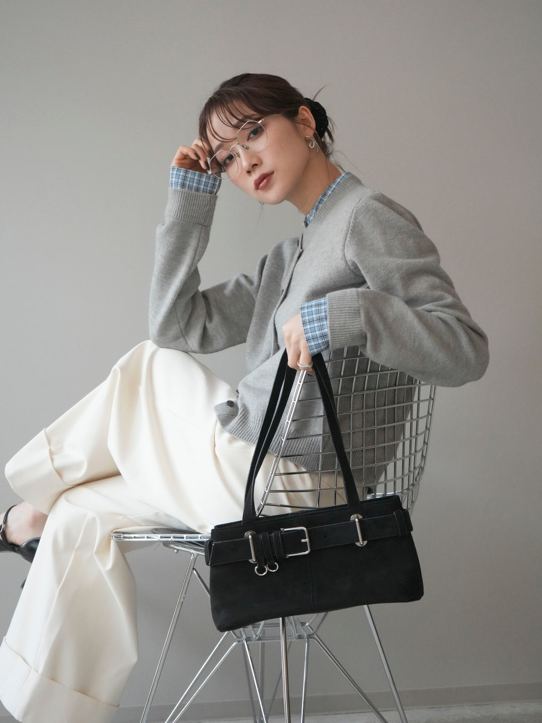 [予約]チェックシャツレイヤードデザインニットカーディガン/gray