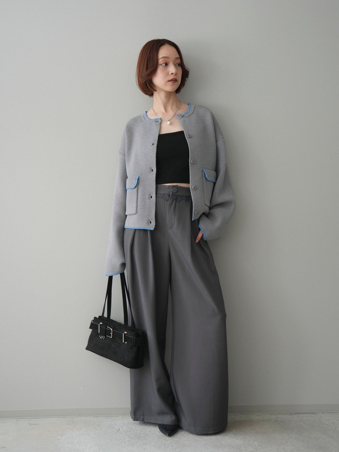 [予約]ウエストレースタックワイドパンツ/gray