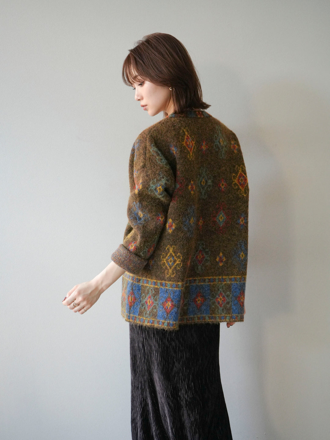 [予約]ヴィンテージ柄オーバーニットプルオーバー/ブラウン