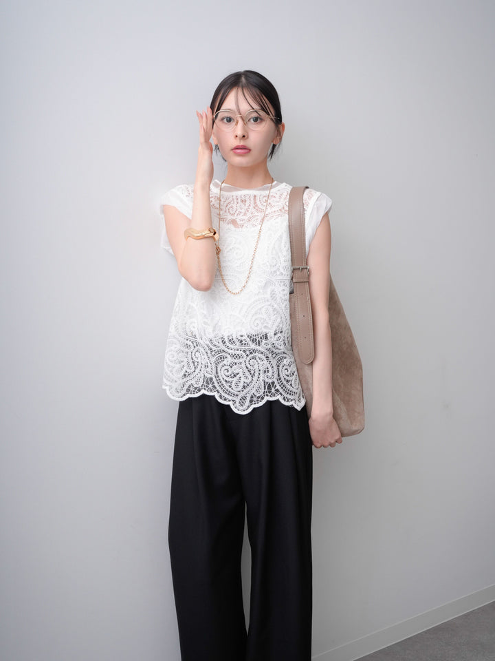 [SET]スカラップヘムレーストップス+アシンメトリーベルトタックワイドパンツ(2set)
