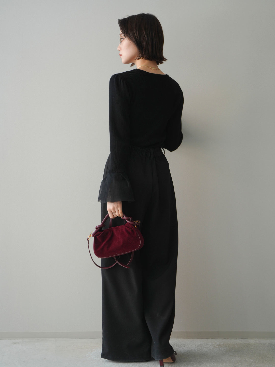 [予約]サテンベルトタックワイドパンツ/black