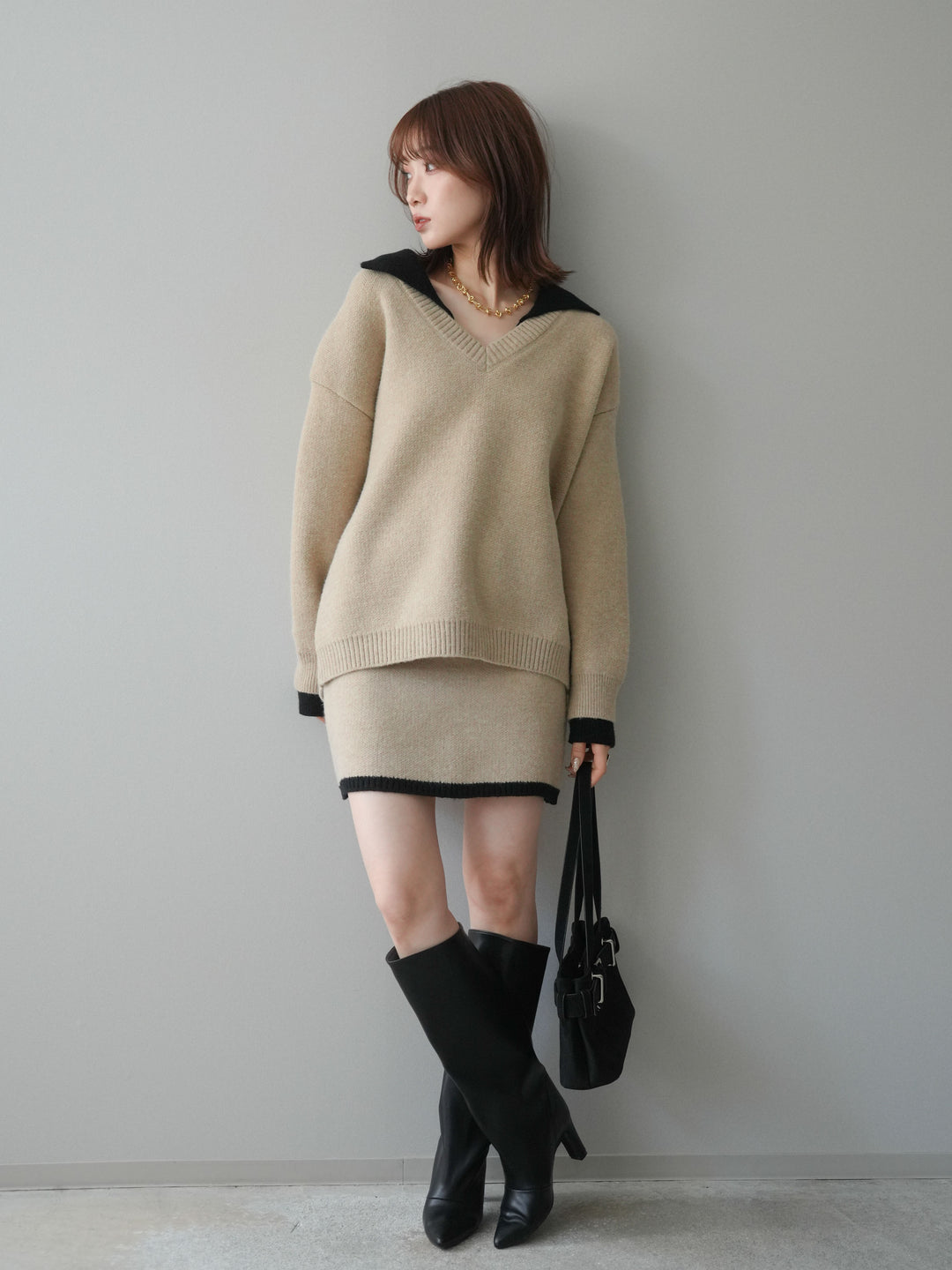[SET]配色襟ニット＆ミニスカートSET UP(2set)