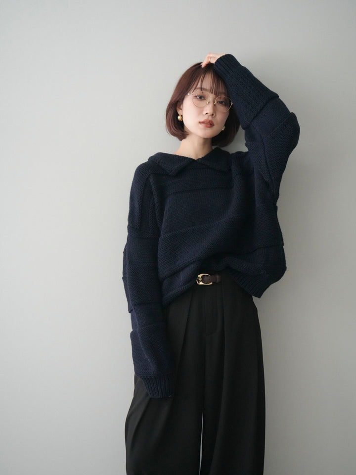 [予約]襟付きボーダー編みニットプルオーバー/navy