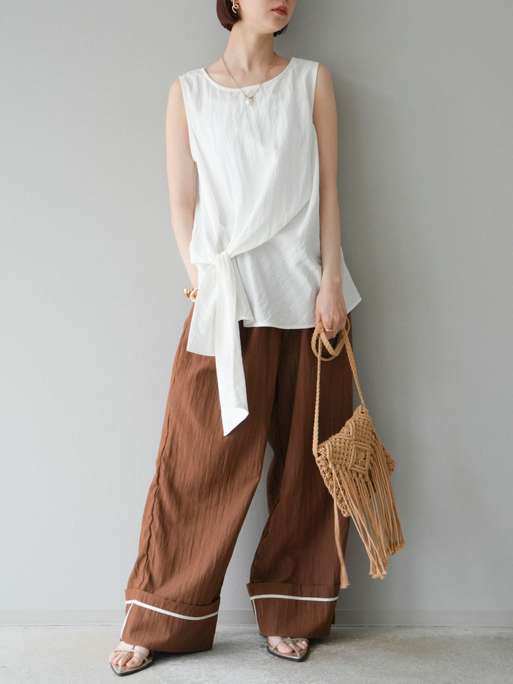 [SET] 前裹式無袖上衣+麻質下擺回型寬褲（2件組）