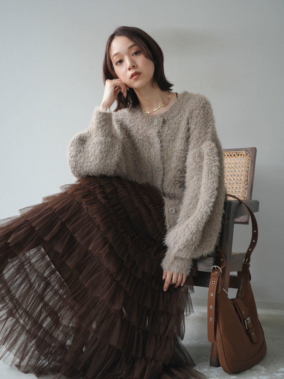 [予約]クルーネックランダムシャギーカーディガン/グレージュ