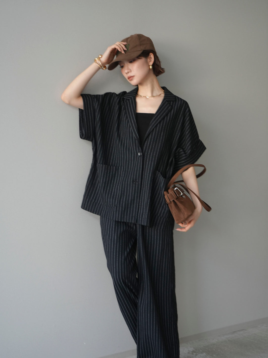 [SET]ストライプハーフスリーブオーバージャケット+ストライプリラックスワイドパンツ(2set)