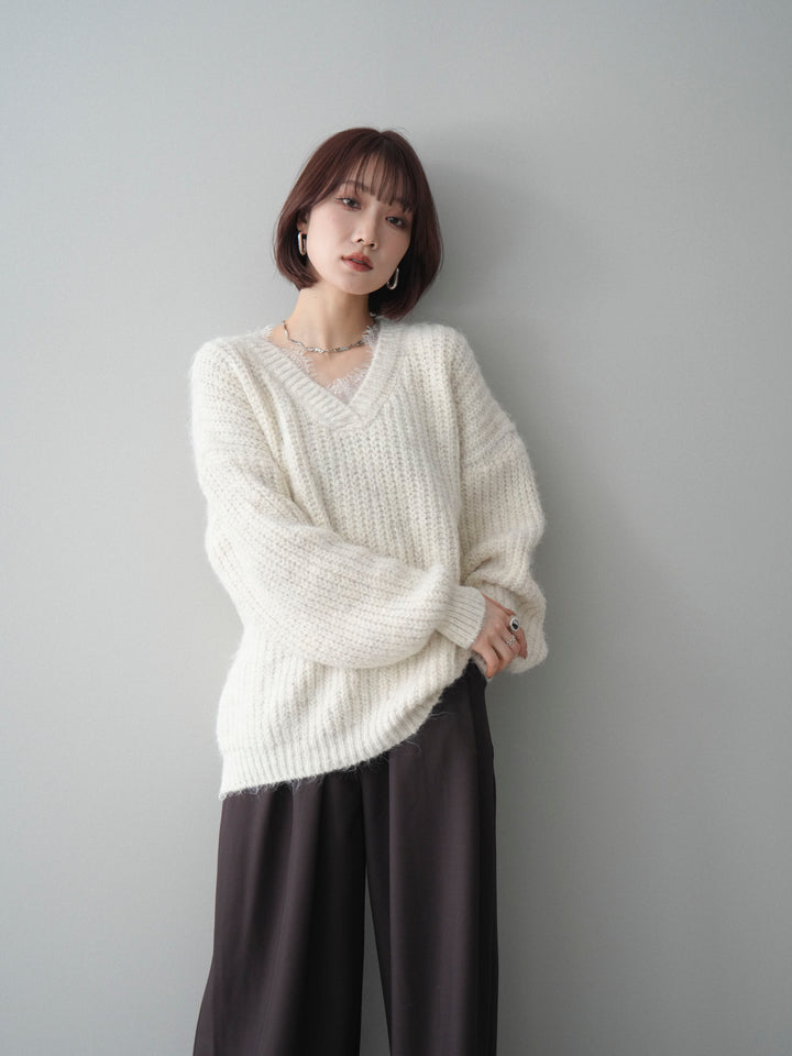 [SET]Vネックレースニットプルオーバー+選べるアクセセット(2set)