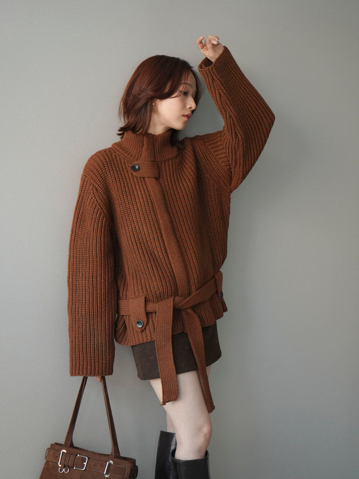 [予約]畦編みボトルネックZIPニットカーディガン/brown