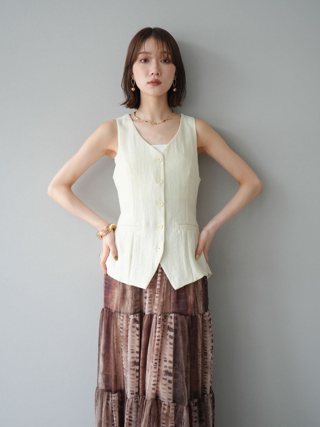 [SET]リネンタッチバックオープンベスト＆ニュアンス柄マキシスカートSET UP(2set)