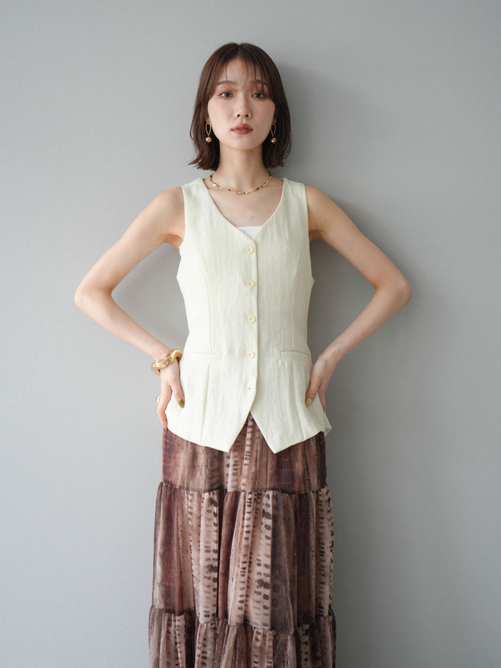 [SET]リネンタッチバックオープンベスト＆ニュアンス柄マキシスカートSET UP(2set)