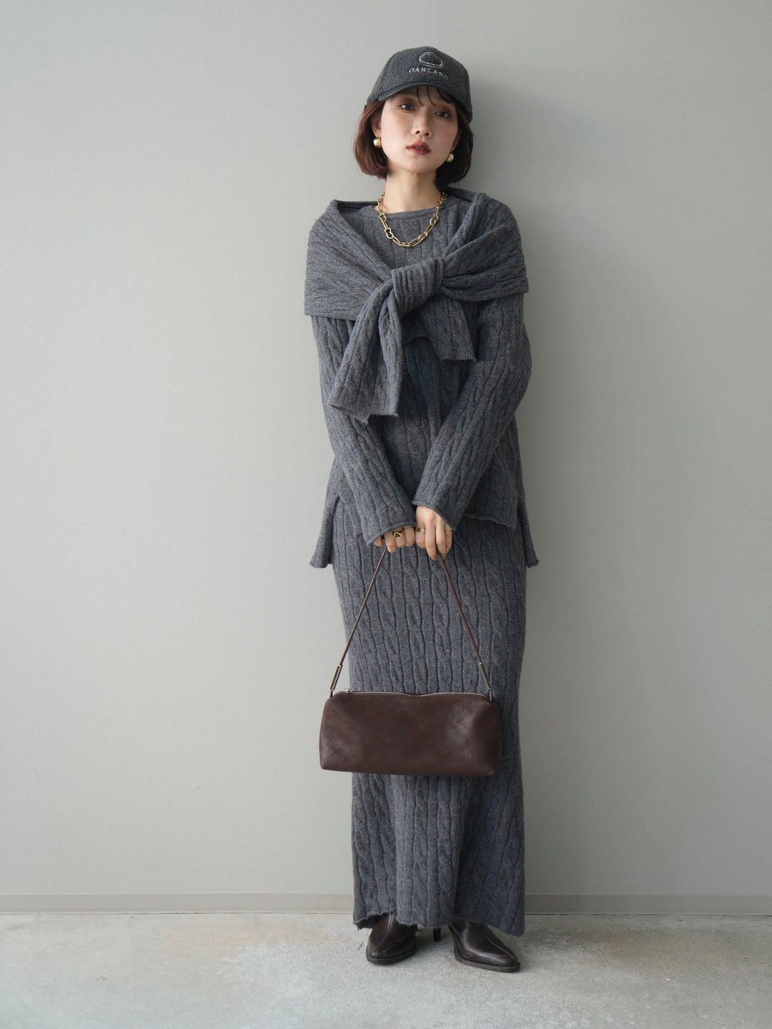 [SET]ストール付ケーブルニットプルオーバー&ロングスカートSET UP+選べるアクセセット(2set)