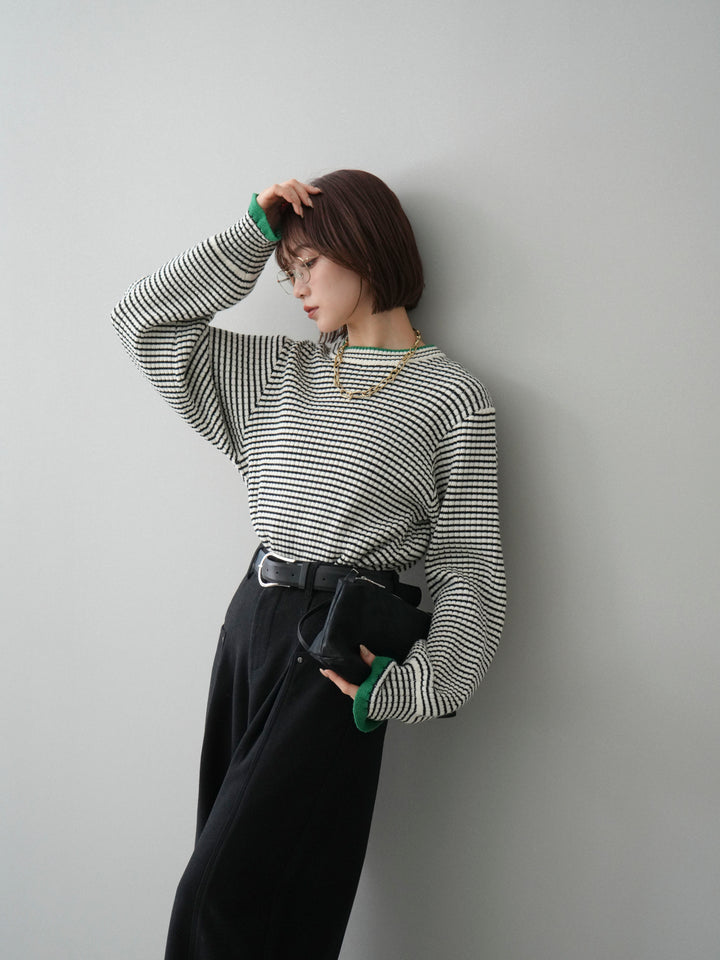 [予約]ラメ異素材ボーダーリブニットプルオーバー/off×green