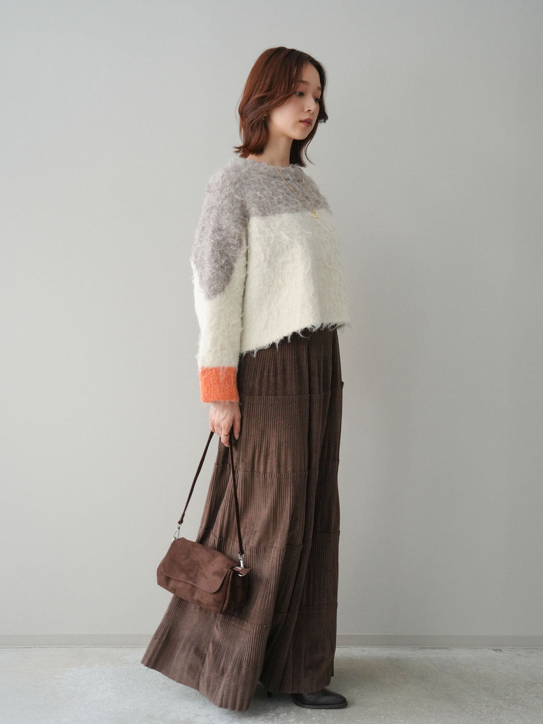 [予約]型押しスエードティアードプリーツスカート/brown