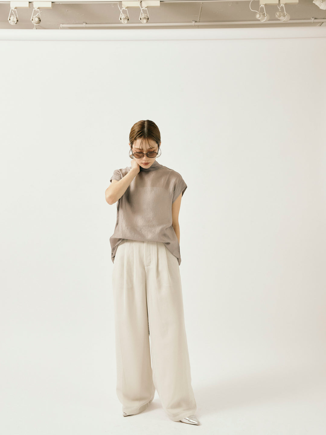 【Allure】[SET]シャイニーシアーブラウス+メッシュタックワイドパンツ(2set)