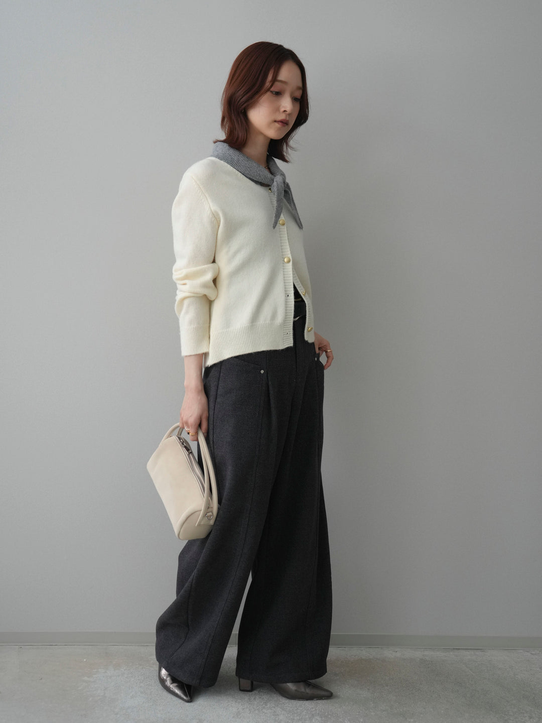 [SET]デザイン襟ニットカーディガン+ベルト付起毛コクーンパンツ(2set)