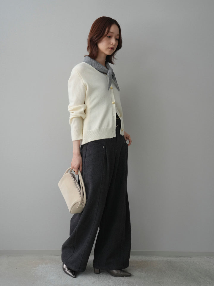 [SET]デザイン襟ニットカーディガン+ベルト付起毛コクーンパンツ(2set)