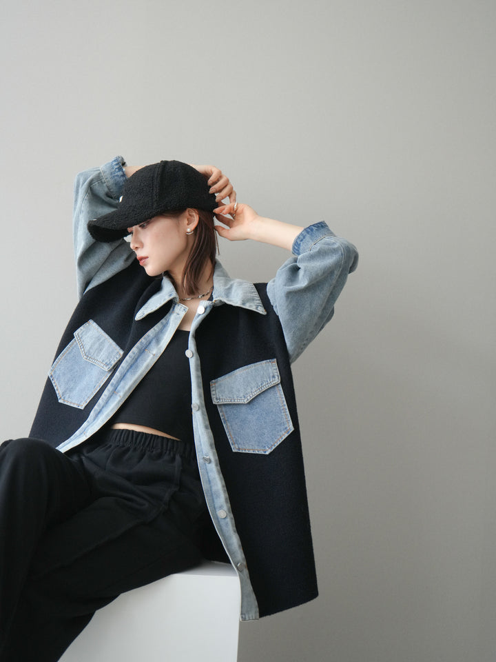 [予約]デニム襟ダブルフェイスニットカーディガン/black