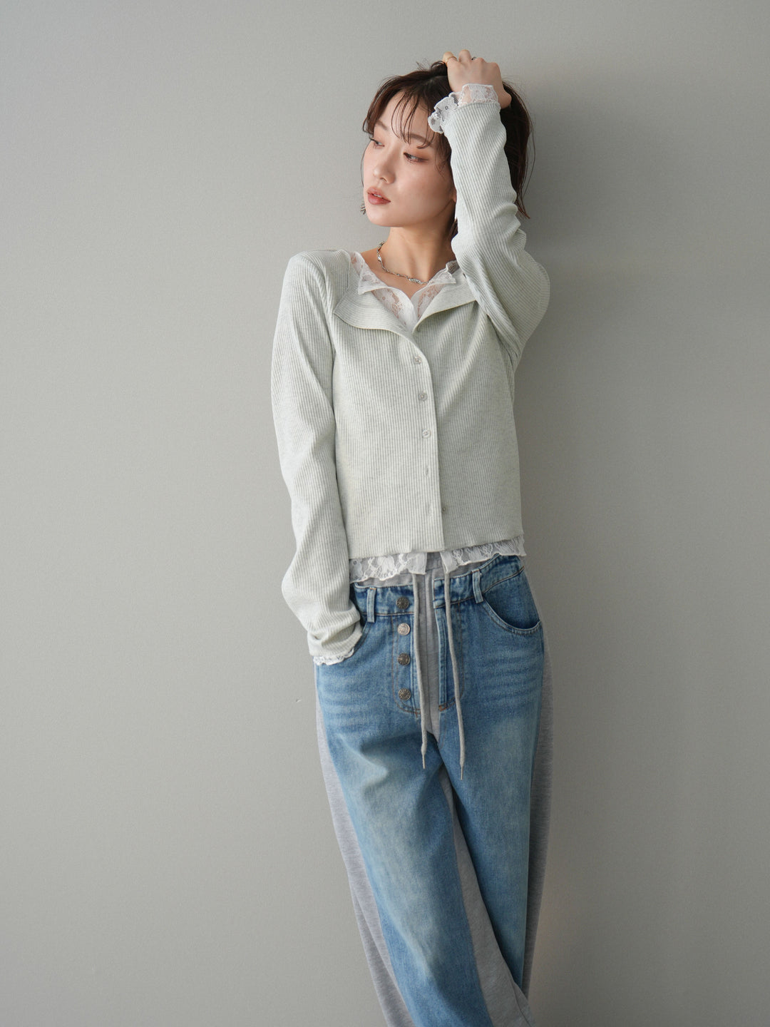 [SET]レースドッキングテレコリブカーディガン+デニム切替スウェットパンツ(2set)