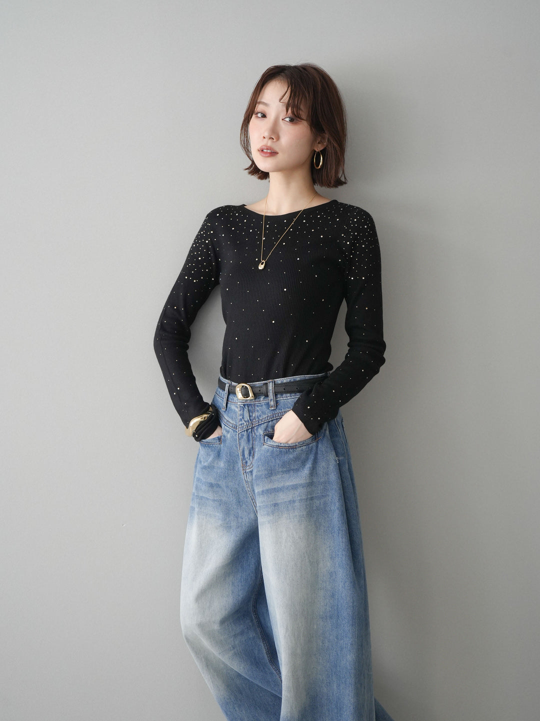 [SET]スパンコールシアーニットトップス+スパンコールシアーニットトップス(2set)