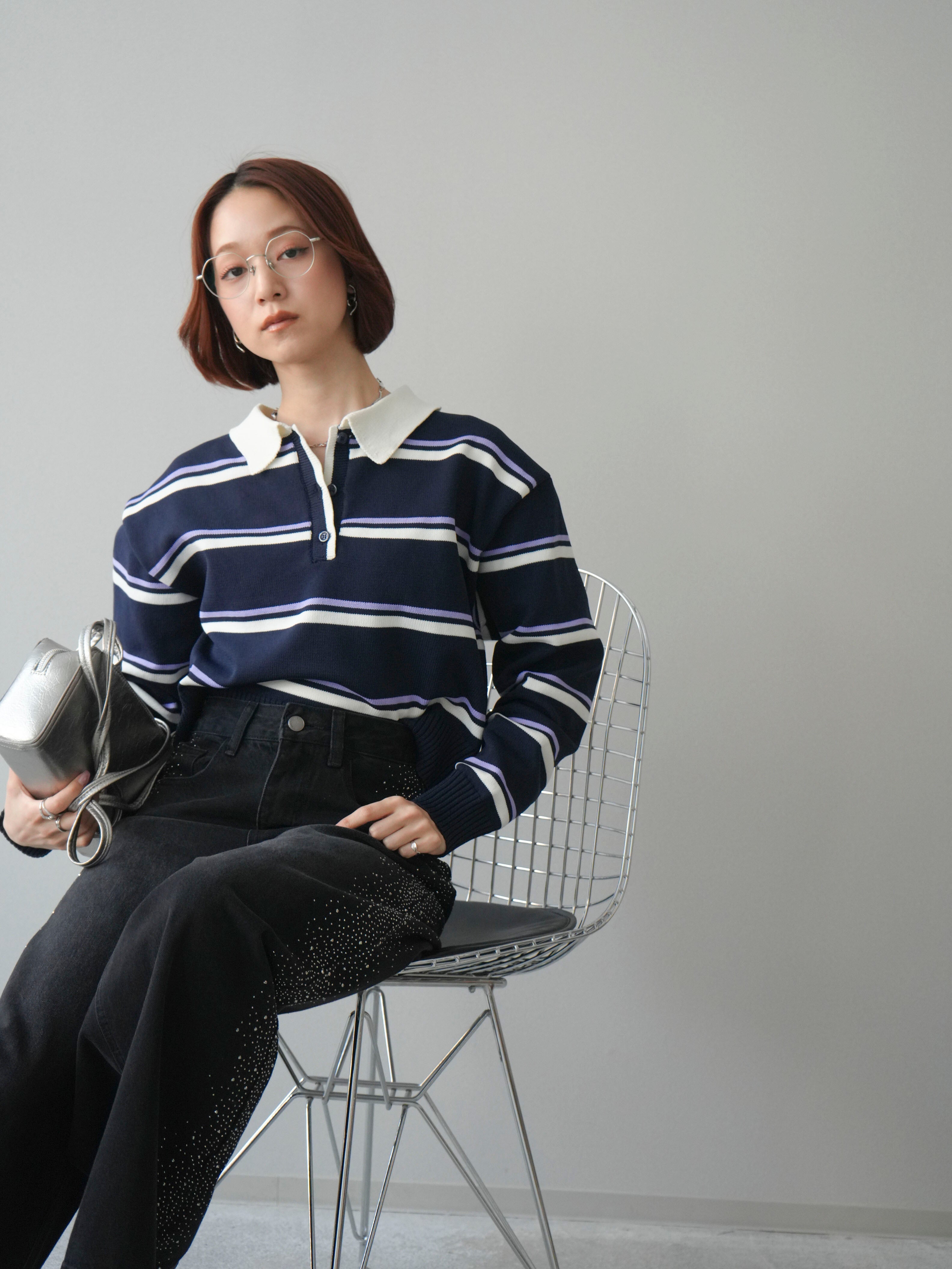 予約]マルチボーダーポロニットトップス/navy – Lumier